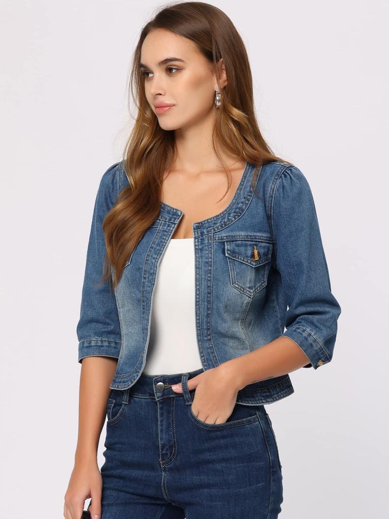 Allegra K Women's Denim Jacket, Jeans Coat, Bolero, Cardigan, Collarless, 3/4 Sleeves, Chest Pocket, Blue, Size M