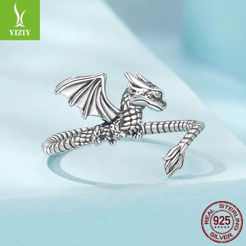 S925 Sterling Silver Feilong Open Ring For Men And Women, Retro Three-Dimensional Medium And Ancient Style Adjustable Ring