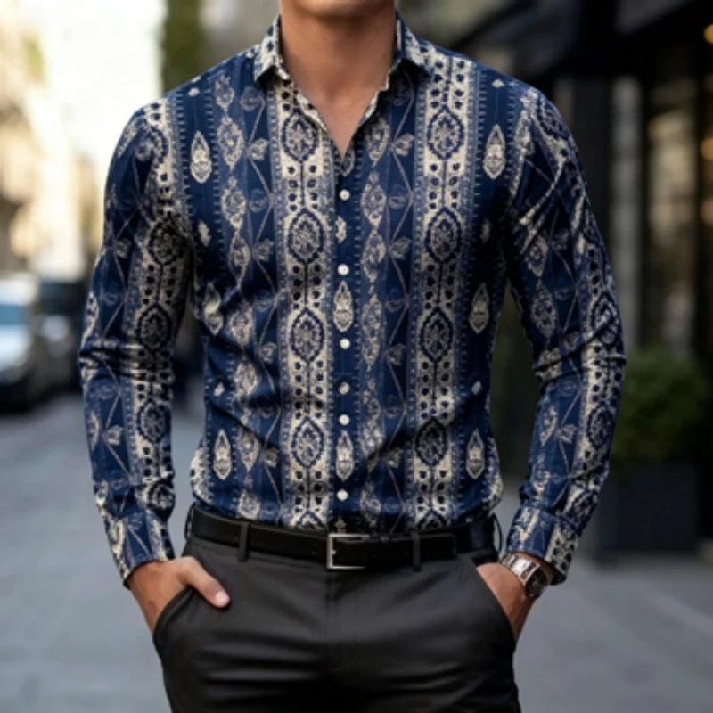 Ethnic Print Long Sleeve Shirt, Stylish Men's Casual Formal Top