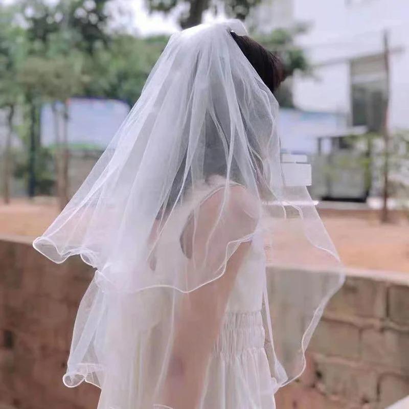1PC Double Layered Bow Tied Headband Wedding Birthday Party White Veil Decoration Bridal Engagement Banquet Hair Accessories