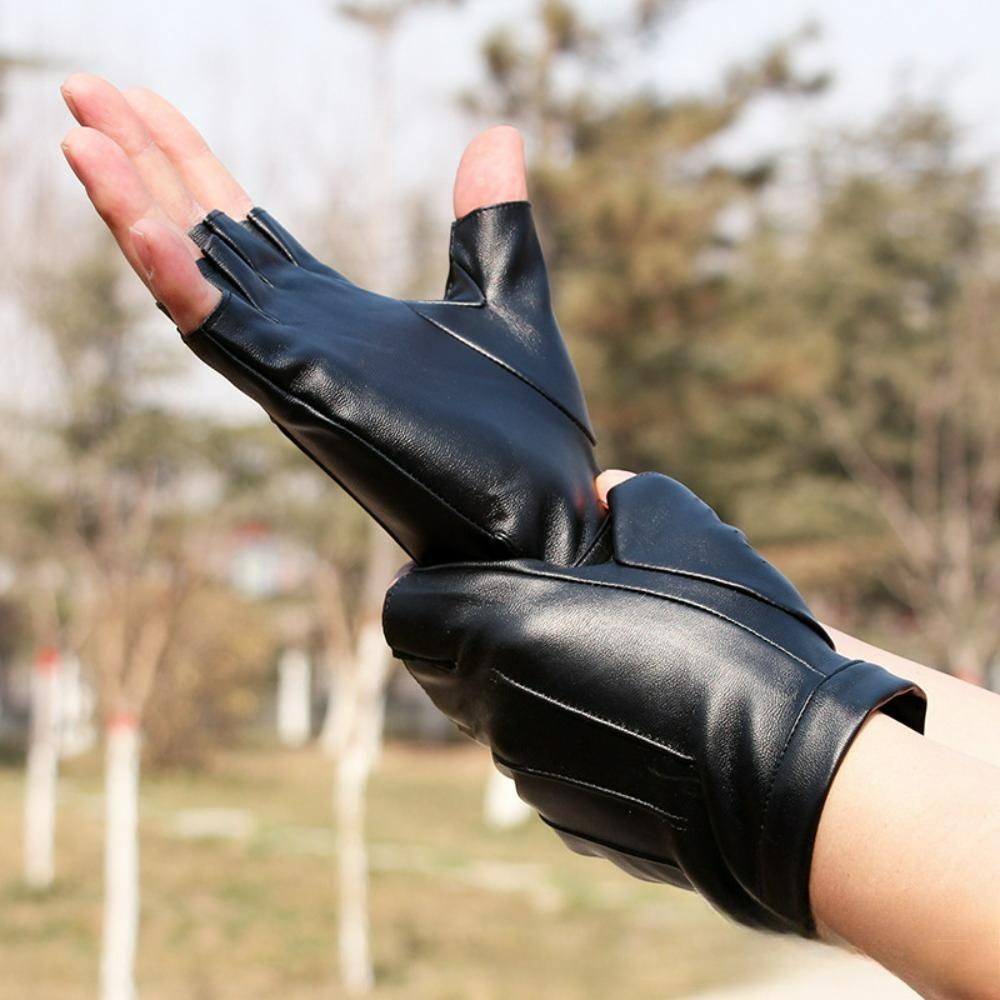 PU Leather Half-Finger Gloves Driving & Hip-Hop Performance Gloves for Women, Four-Season Thin Fingerless Gloves for Cycling