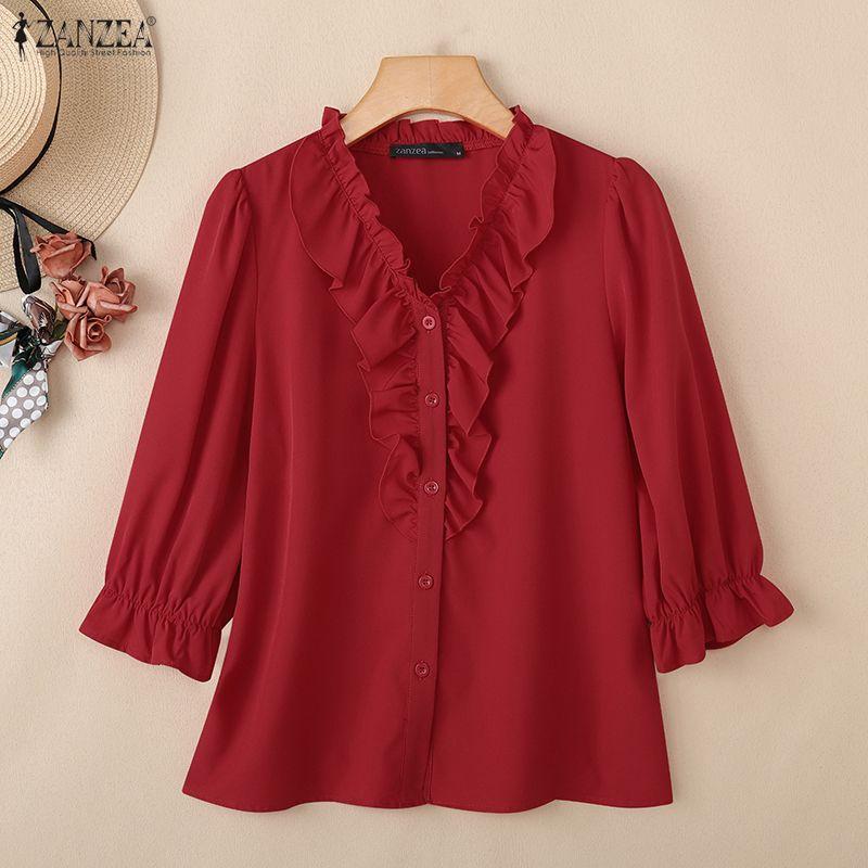 ZANZEA Damen Rüschen V-Ausschnitt Locker Lässig 3/4 Ärmel Bluse