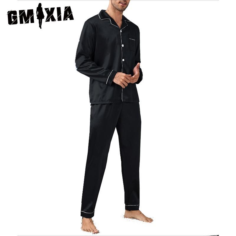 GMXIA Πολυτελής Ανδρική Φόρμα Σπιτιού Μακρυμάνικη Μακρύ Παντελόνι Σατέν Πιτζάμα Σετ Δύο Τεμαχίων