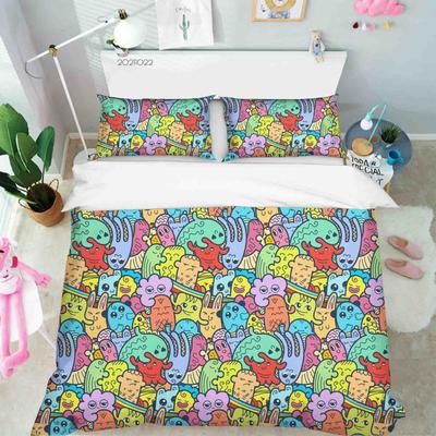 Colorful Cartoon Monster Duvet Cover Pillowcase Bedding Set for Kids Girl Boys Bedroom Gift Single Double Large Size
