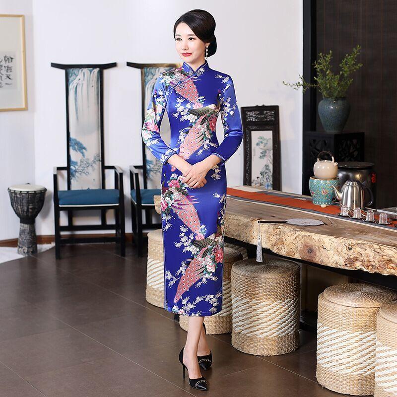 Stil chinezesc cu mâneci trei sferturi Qipao satin cheongsam broderie florală rochie clasică de petrecere de seară de nuntă rochie de damă cu plante mătăsoase