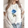 White Short Sleeve T Shirt With Blue Rose Print For Casual Wear