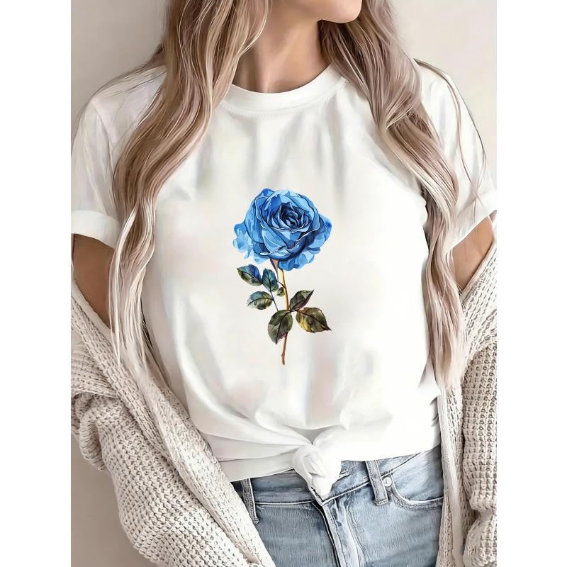 White Short Sleeve T Shirt With Blue Rose Print For Casual Wear