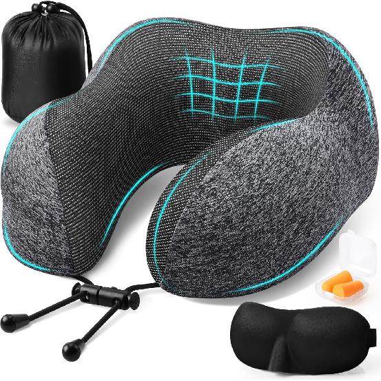 Travel Pillow, Travel Pillows for Sleeping Airplane, Removable Cover Neck Pillow with Adjustable Clasp, Memory Foam Neck Pillow Set with Eye Mask,