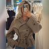 Vintage Plaid Short Trench Coat Belted Waist Double Breasted Jacket Women
