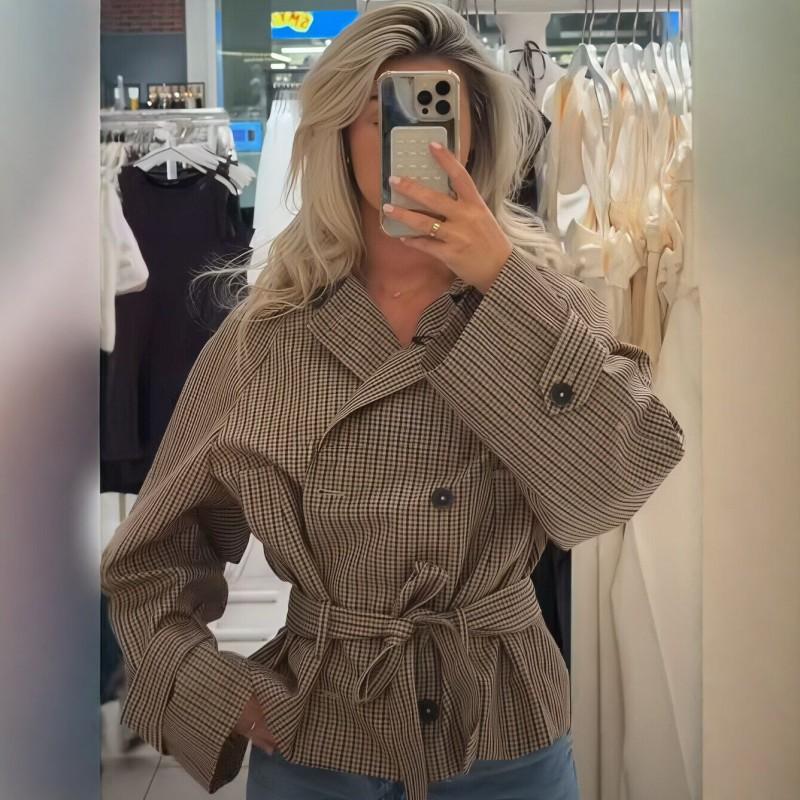 Vintage karierter kurzer Trenchcoat mit Gürtel in der Taille Zweireihige Jacke Damen