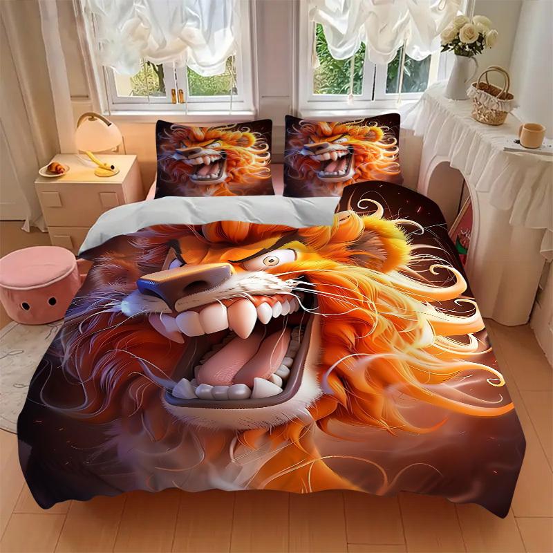 3pcs Lion Head Bedding Set - 1 Duvet Cover + 2 Pillowcases(Core Not Included), Machine Washable Polyester yy251216120