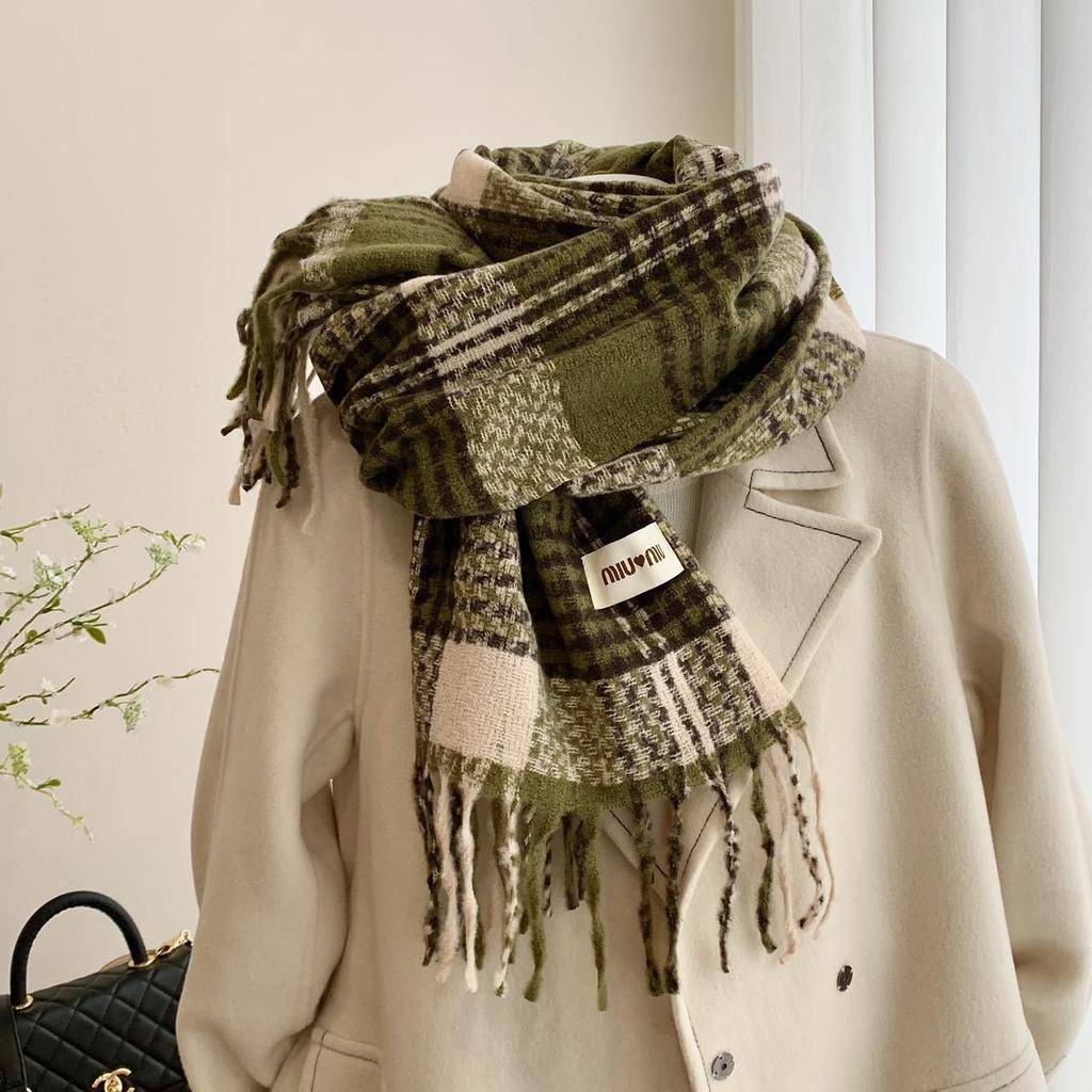 Vintage Plaid Scarf for Girls Winter Thick Warm Long Shawl Dual-use Student Scarf