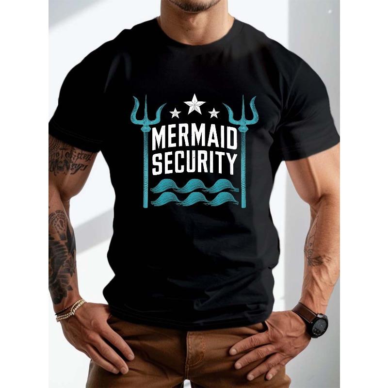 European Sizes Mermaid Security Print Men's Plus Size Short Sleeve Crew Neck T-Shirt, Casual Breathable Tee, Stylish Summer Top