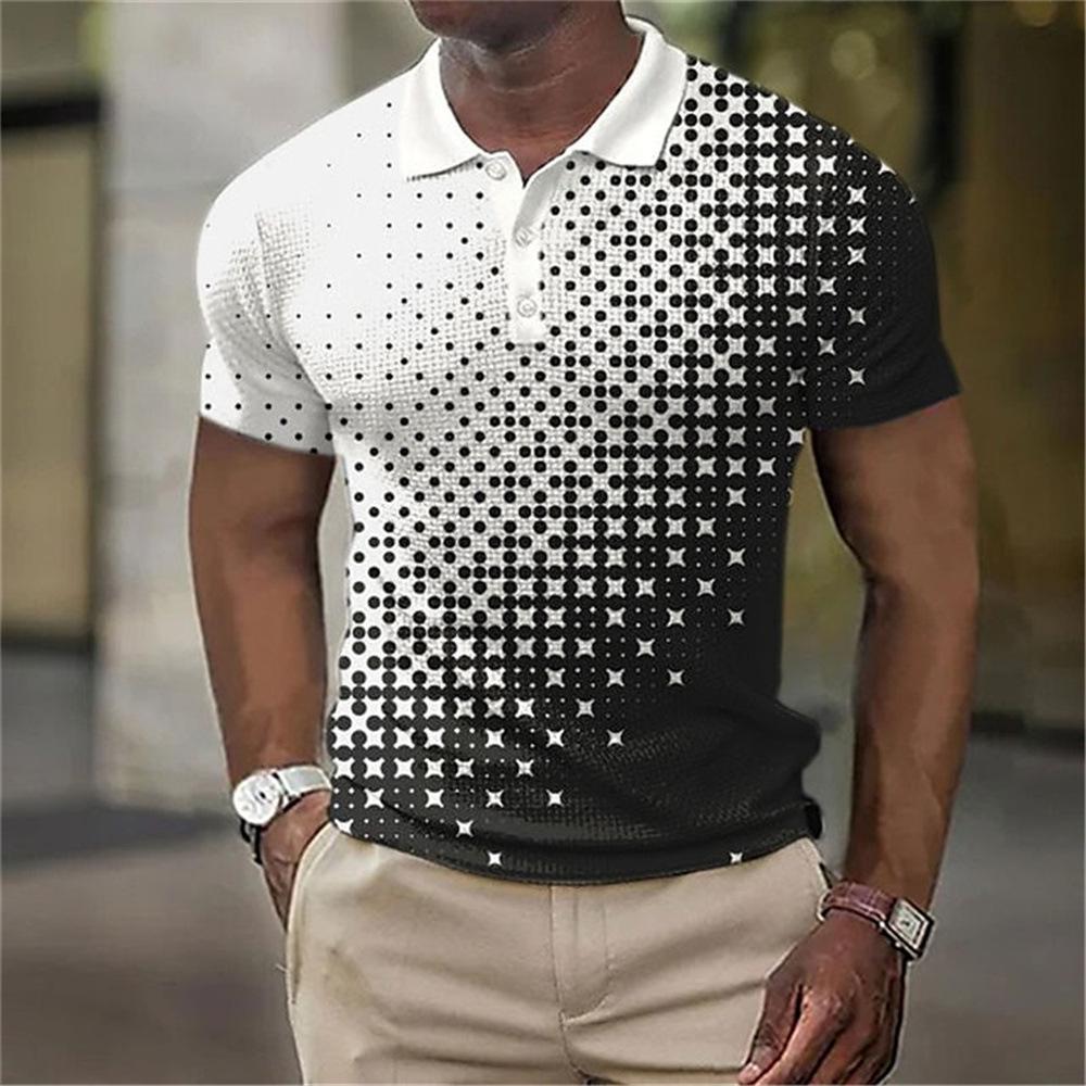 Men's 3D Plaid Print Casual Loose Short Sleeve Polo Shirt