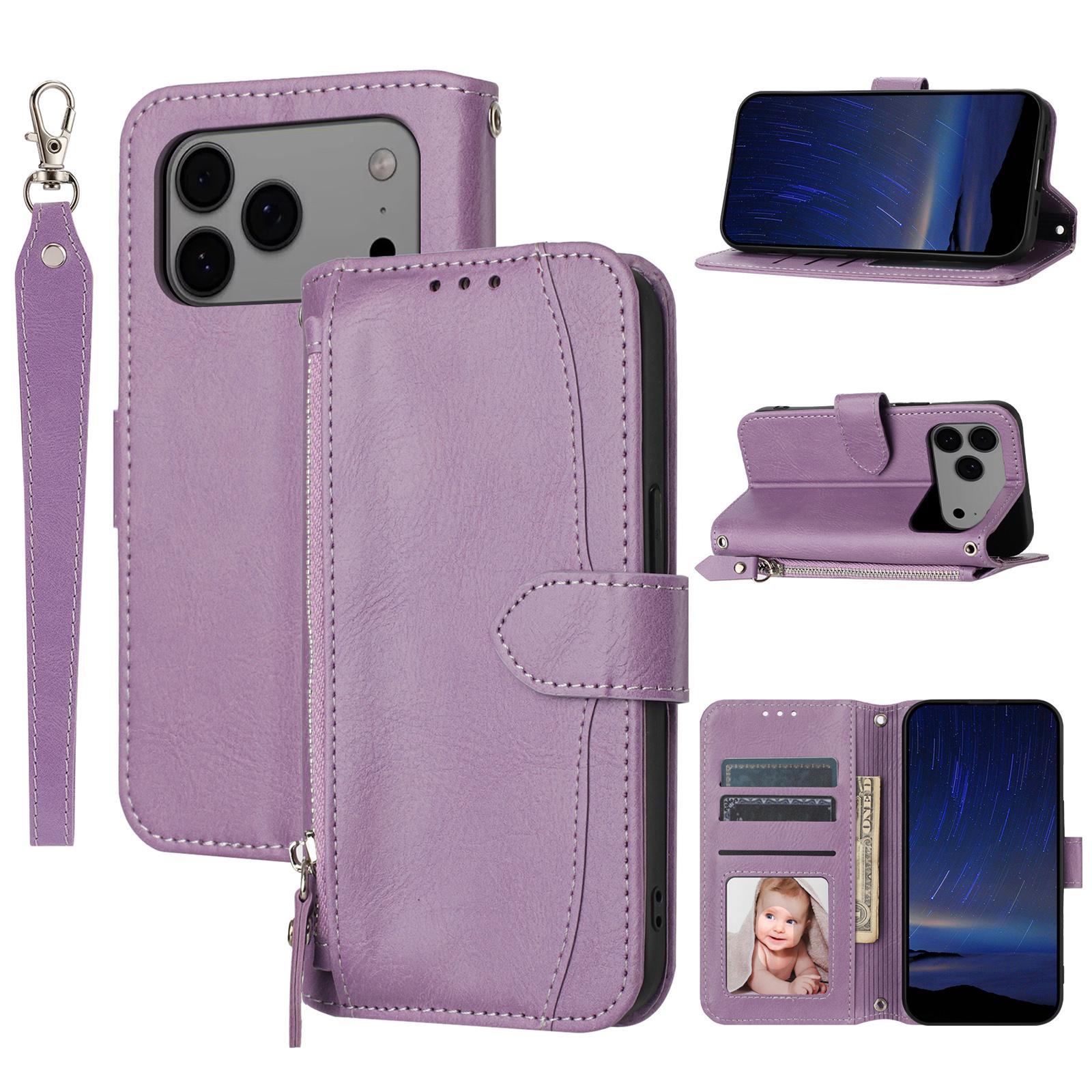 

For iPhone 17 Pro Max Case Zipper Pocket Wallet Leather Phone Cover with Wrist Strap Purple