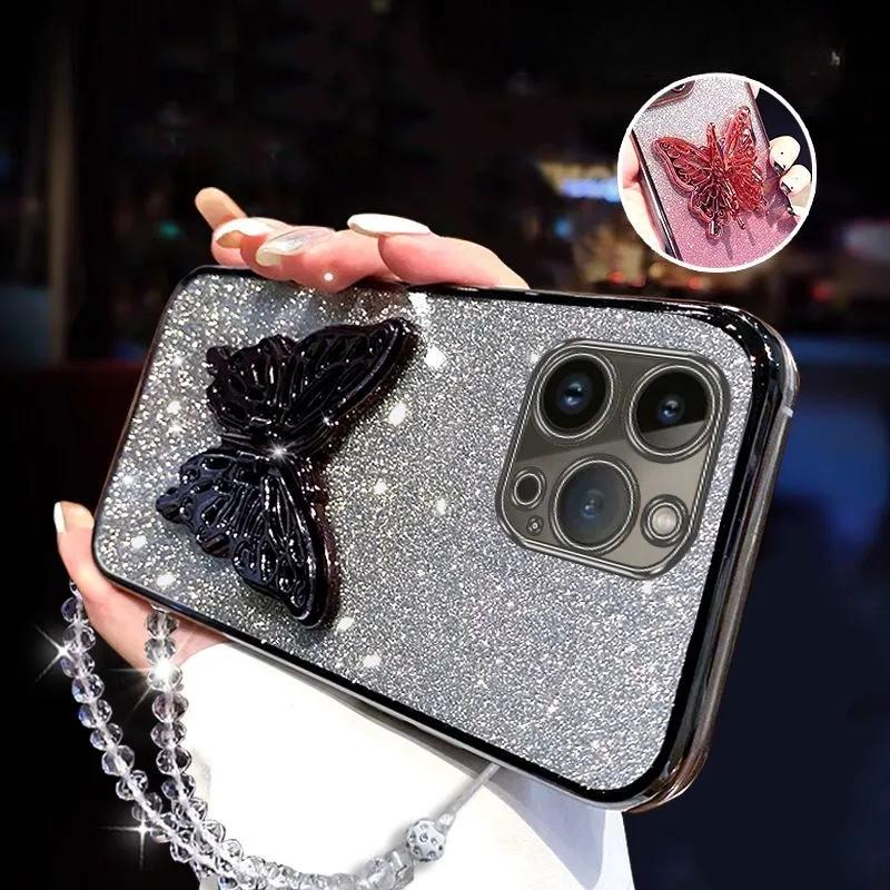 3D Butterfly Phone Holder Crystal Bracelet Glitter Plating Case for Iphone 15 14 13 12 Mini 11 Pro XS Max XR 8 7 Plus Cover