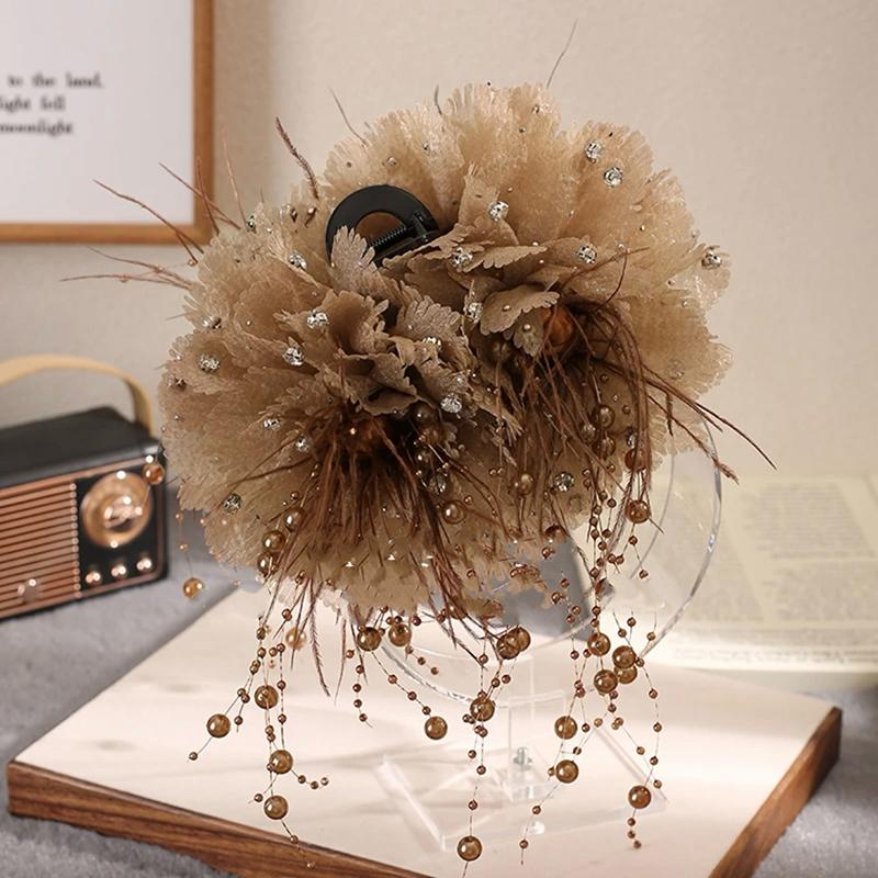 

1 шт. Элегантная сетчатая заколка для волос с цветком для женщин, элегантная заколка в виде акулы с жемчужной кисточкой, заколка для волос для девочек, аксессуары для волос кофейный