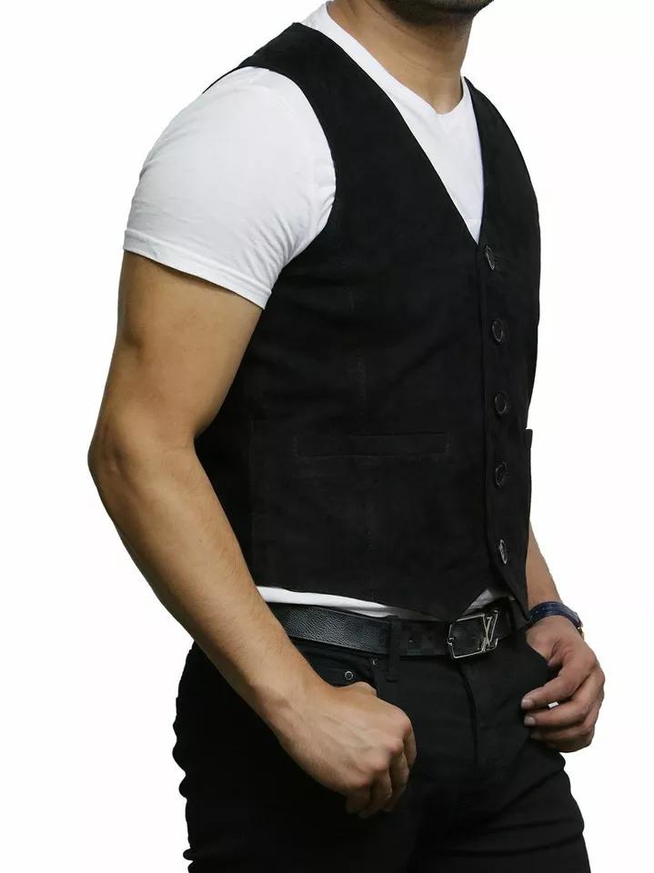 Real Lambskin Leather Men Waistcoat Jacket Vest Coat Black Suede Stylish Western