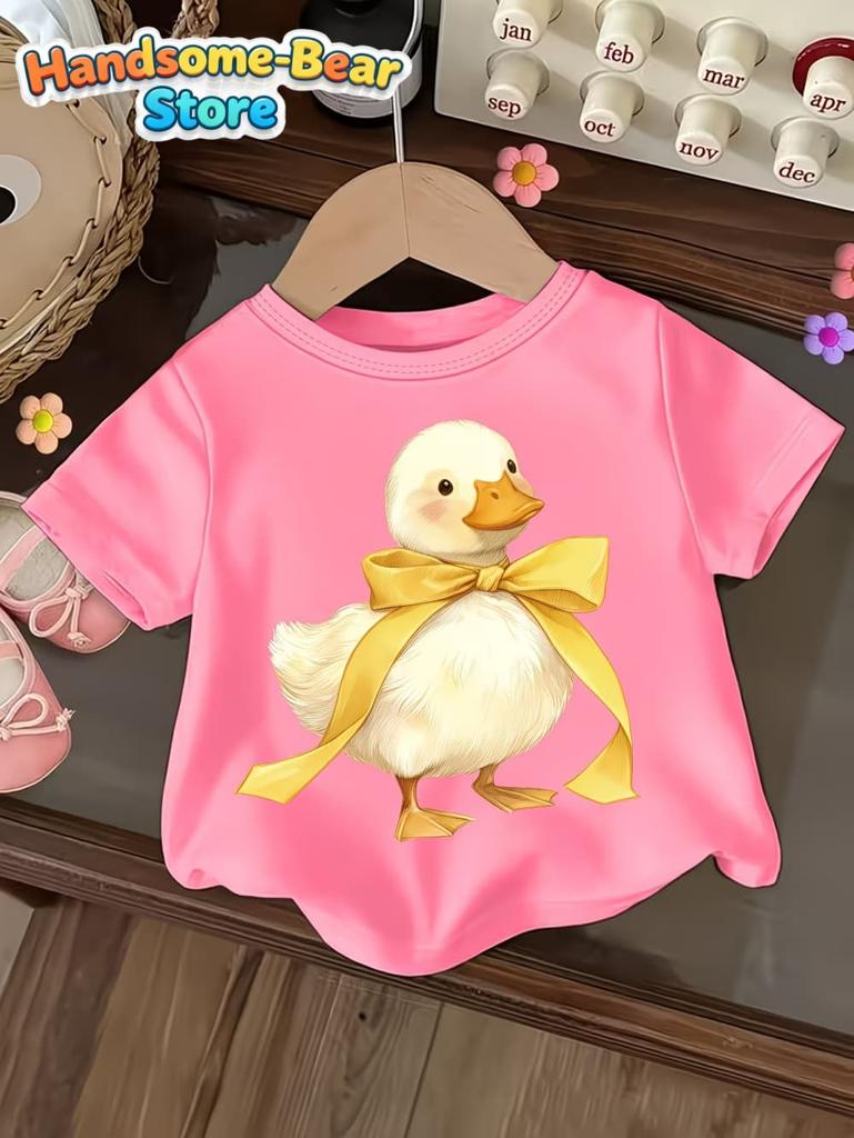 Cute Bow Duck Print Short-Sleeved T-Shirt for Girls Soft Round Neck Top Fashion Loose Summer Gift for Girls Casual Girl Clothes