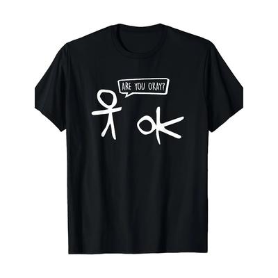Men's Cotton T-Shirt "Are You Okay?" Graphic Tee, Short Sleeve Crew Neck, Regular Fit, All-Season Casual Wear - Black
