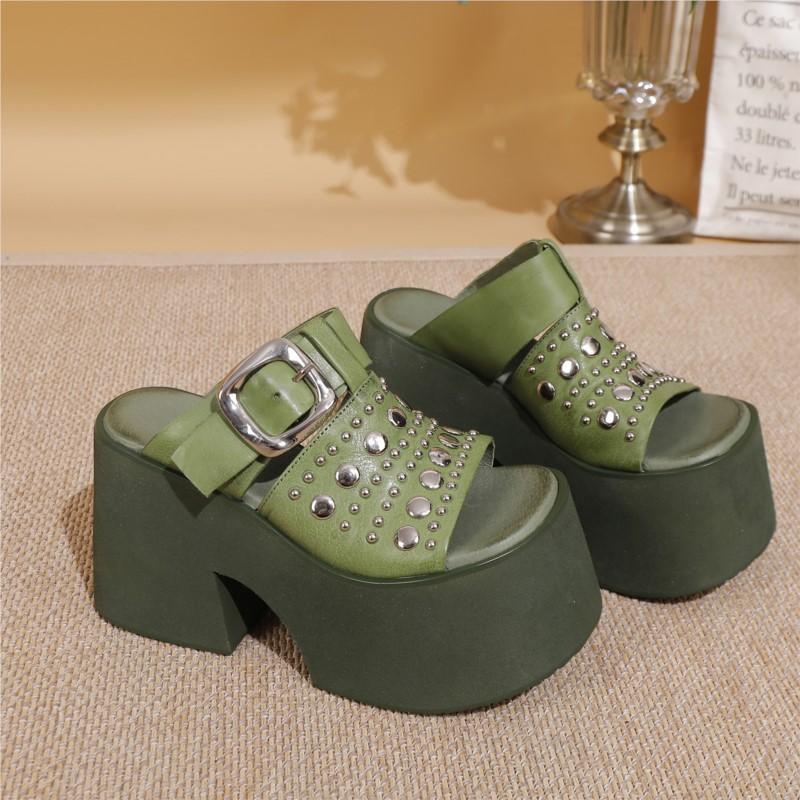 Fashion GKTINOO Genuine Leather Thick Sole Super High Heels Slippers Summer 2025 New Height Increasing Fashionable Rivet Women's Shoes