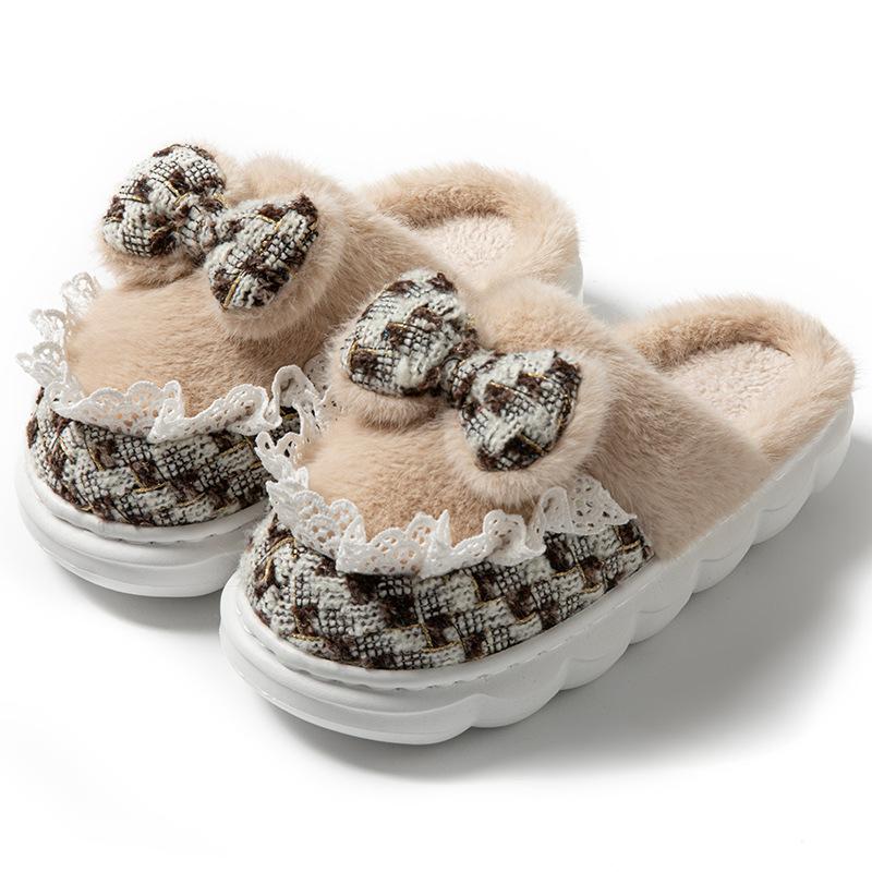 Cartoon bow wool slippers autumn and winter home living room bedroom warm fleece soft bottom lightweight cotton slippers