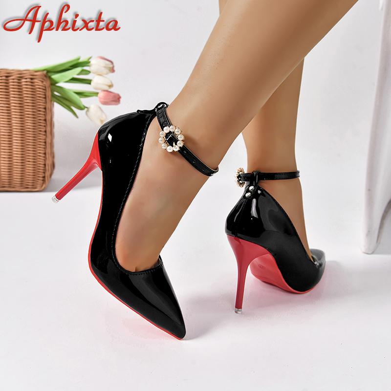 Fashion Aphixta Crystals Pearl Belt Round Buckle 3.94 Inch Stiletto Heels Pumps Women Pimp Pointed Toe Shoes Super Big Size 51 52 53