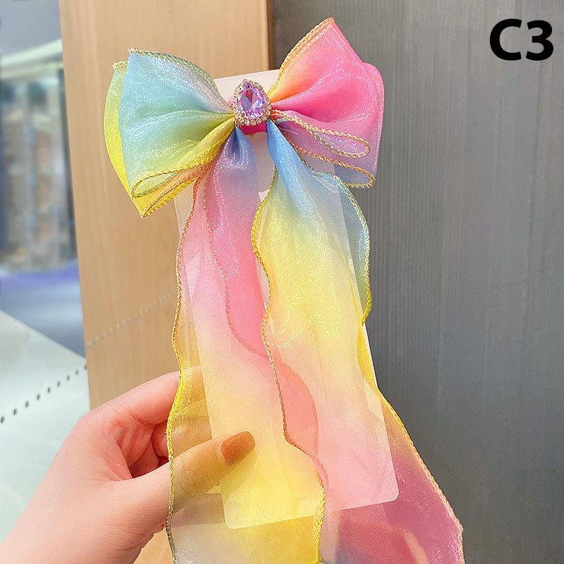Girls Cute Elegant Mesh Bow Ribbon Hair Clip With Faux Pearl Tassel Crystal Decoration Colorful Chiffon Headwear For Party Kids