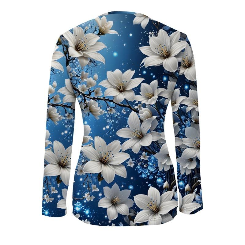 All-over Printed Floral Pattern Zipper T-shirt, Casual Long-sleeved Top, Suitable for Spring and Autumn, Suitable for Home and Outdoor Wear