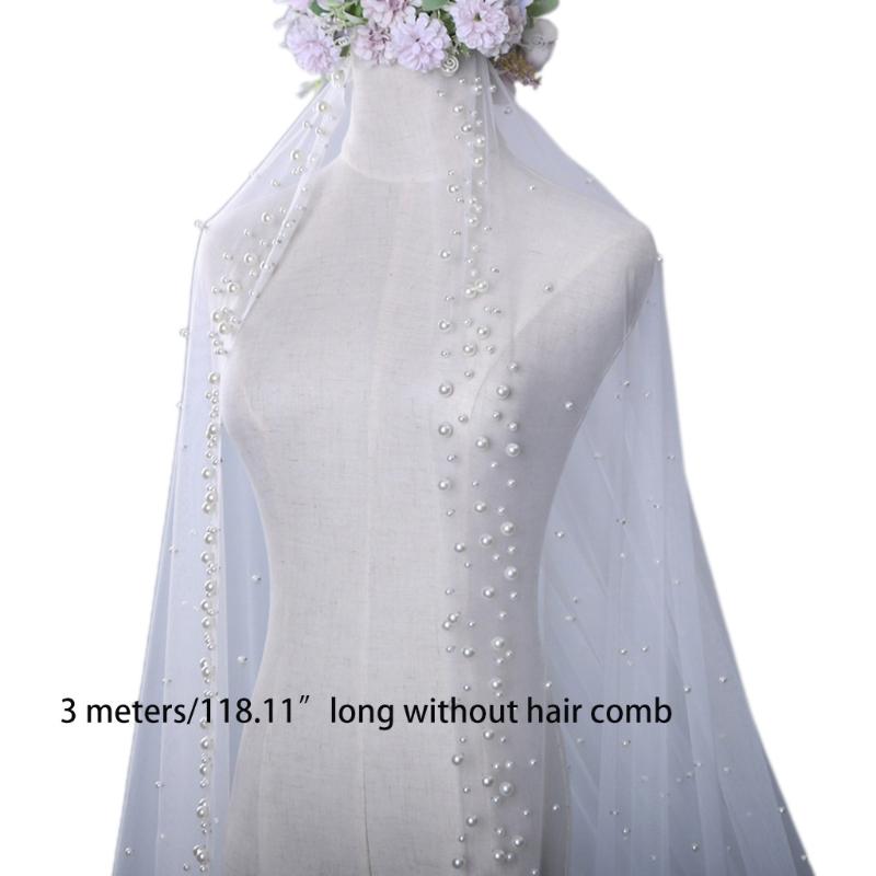 Wedding Bridal Veil Cut Edge Hair Accessories for Bride Single Layer Sheer Tulle 118" Pearls Embellished Chapel Veils