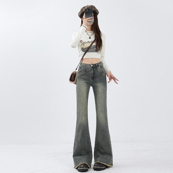 Vintage Design Rough Edge Micro-horn Denim City Girls Early Spring Low-rise Babes Splicing Elastic and Thin Floor-mopping Trousers