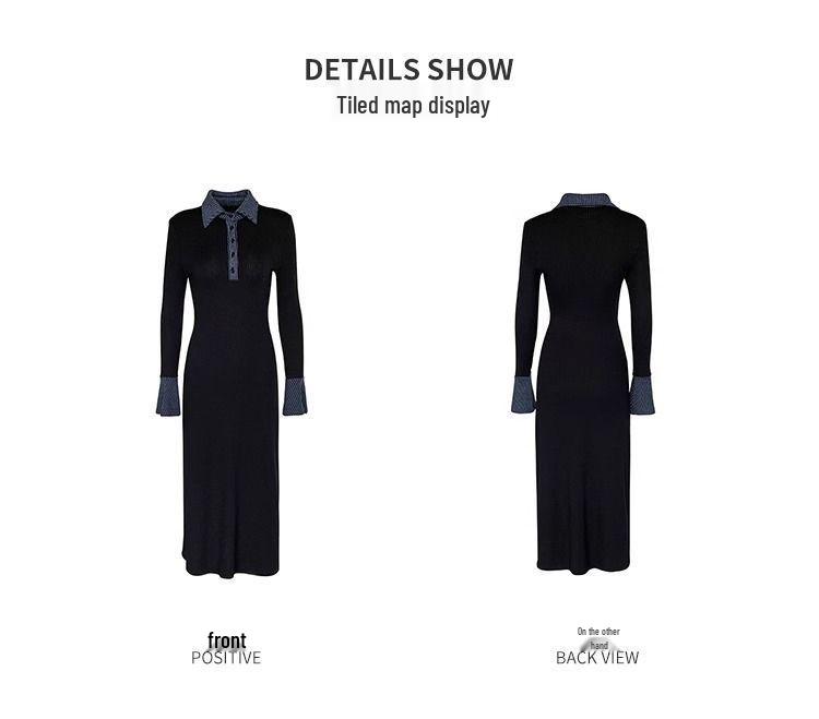 2026 Women's Black Patchwork Polo Collar Knit Dress, Autumn/Winter Long Sleeve, Waist-Cinching Retro Long Skirt.