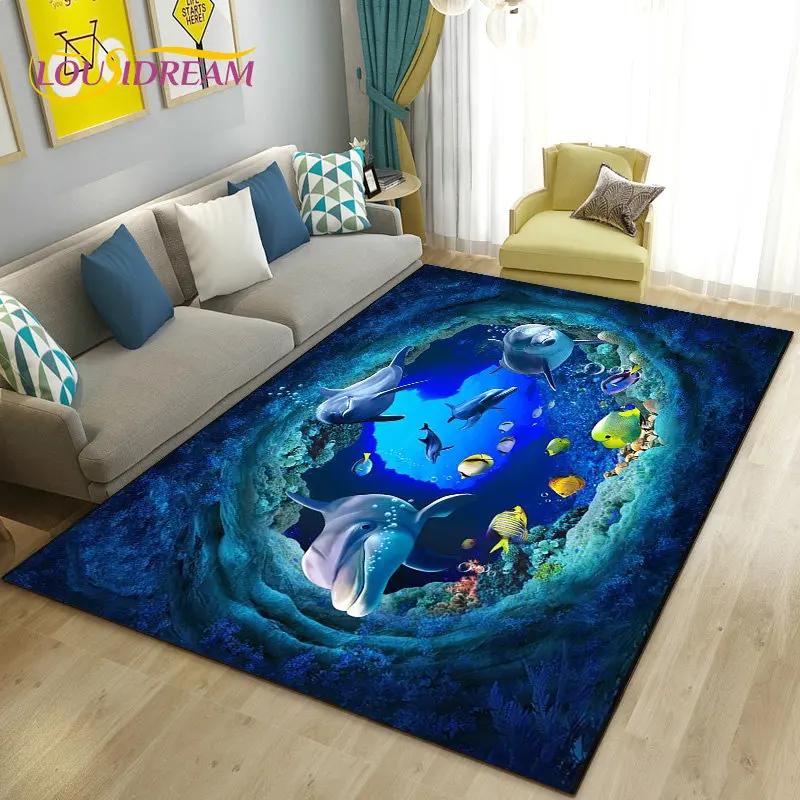 Seabed Illusion Underwater World  Dolphin Shark  Area Rug ,Carpet Rug for Living Room Bedroom Sofa Doormat Non-slip Floor Mat