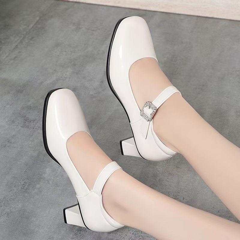 Women Glossy Leather Block Heel Mary Jane Shoes Spring Autumn New Soft Sole Round Toe Shallow Buckle Strap High Heel Nude Shoes