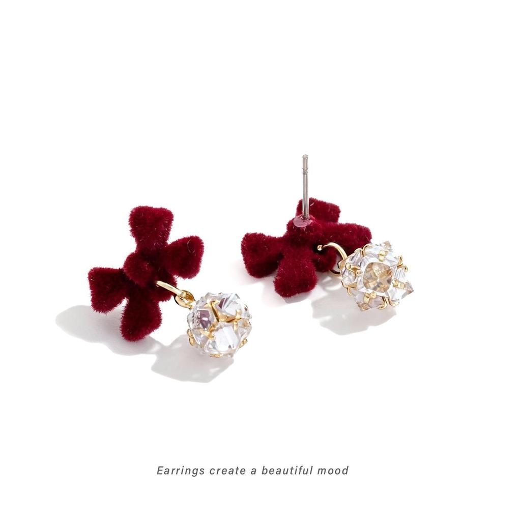 New Year Red Bow Rhinestone Ear Cuff: No-Piercing Chinese-Style Flocking Earring