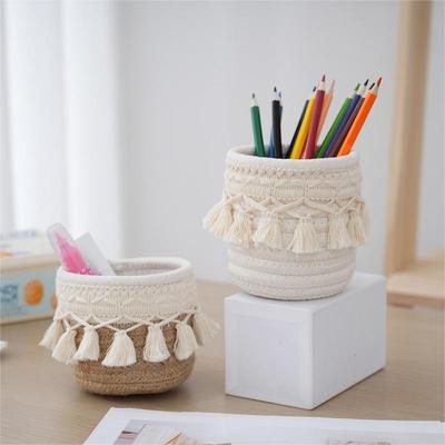 Cesto de Armazenamento Nórdico Minimalista com Borlas em Corda de Algodão, Pequeno Porta-Canetas Criativo para Interior