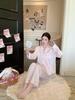Spring and summer new pajamas women's ice silk pink series full of love long sleeves trousers cute summer thin suit