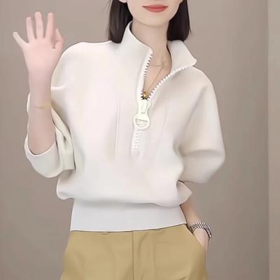 Women's Spring and Autumn High Waist Short Thin Sweatshirt Solid Color Half Zipper Loose Tops
