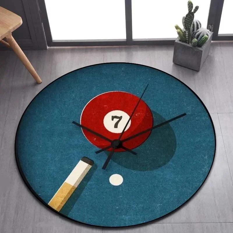 Billiard Clock Print Round Carpet Soft Area Rug for Bathroom Bedroom Living Room Doormat Gaming Chair Decor Non-Slip Floor Mat