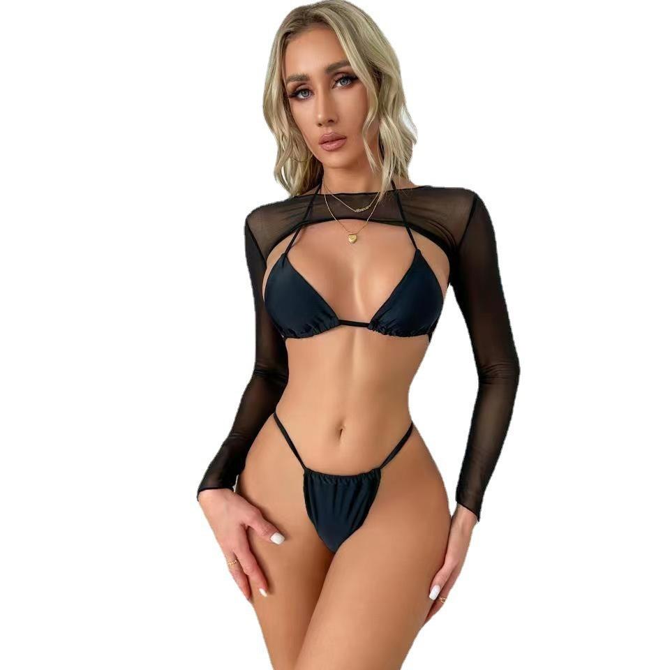 1011 European and American new long-sleeved mesh blouse three-piece swimsuit women's sexy swimsuit bikini bikini