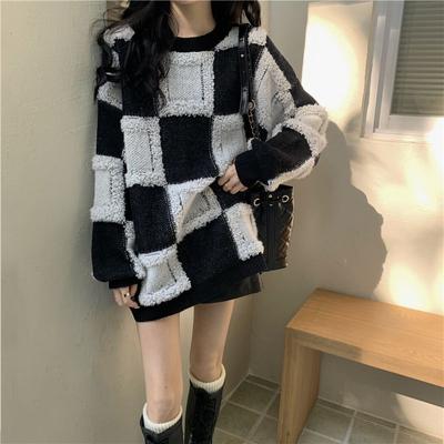 Checkered Knitted Sweater Women's Autumn/Winter Loose Lazy Style Long Sleeve Knitwear