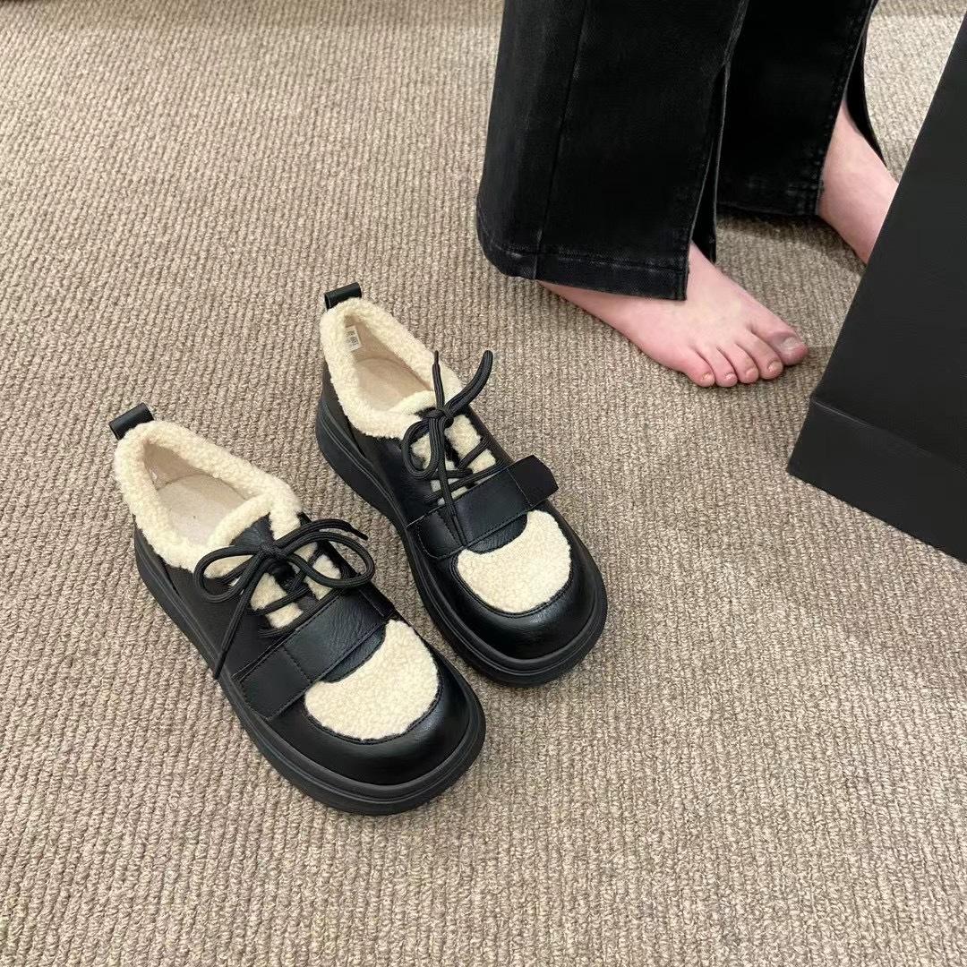 

Утолщенные одинарные туфли для женщин, зимние, со шнуровкой, круглым носком, толстая подошва, теплые хлопковые ботинки, женские удобные туфли на плоской подошве 40