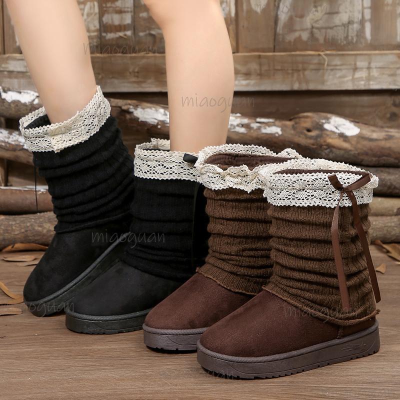 Fashion Sweet Bowknot Pleated Boots Women 2025 Winter Fashion Lace Decoration Mid Calf Snow Boots Short Plush Non Slip Booties New