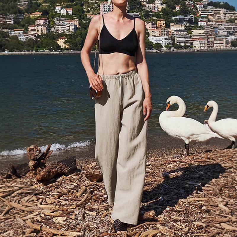 White linen tencel wide-leg women's pants, spring/summer high-end loose simple straight-leg pants, paper-thin cotton-linen casual women's trousers