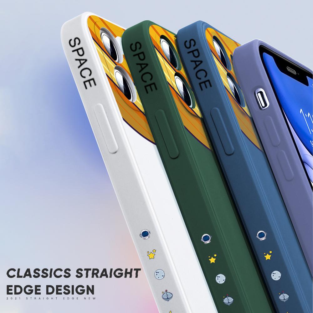 Cartoon Planet Astronaut Handyhülle für iPhone 15 14 13 12 11 Samsung Galaxy S23 S22 A52 A52S Weiche Vollschutz quadratische Flüssigsilikonhülle