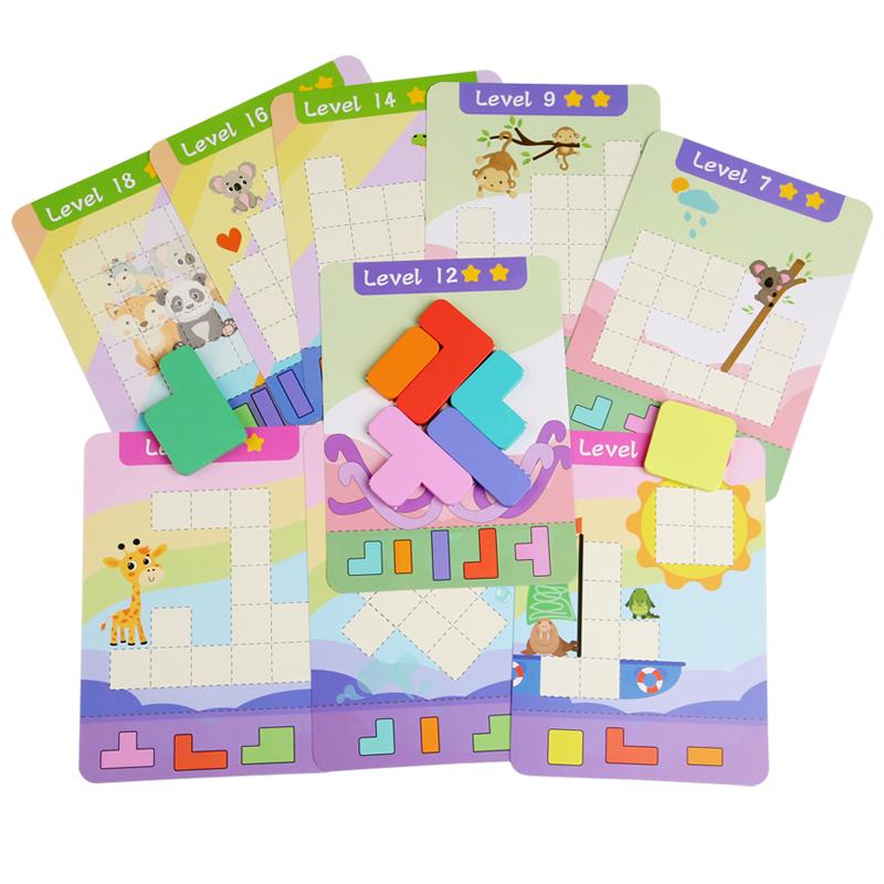 

Деревянная развивающая игрушка-пазл, Деревянные 7 цветных строительных блоков и 9 двусторонних карточек с заданиями, Игра для тренировки мыслительных способностей