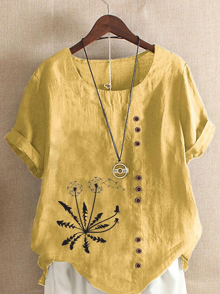 Women's Fashion Black Dandelion Print Shot Sleeve T-shirt Loose Cotton Shirt Casual Loose Summer Blouse Tops Plus Size