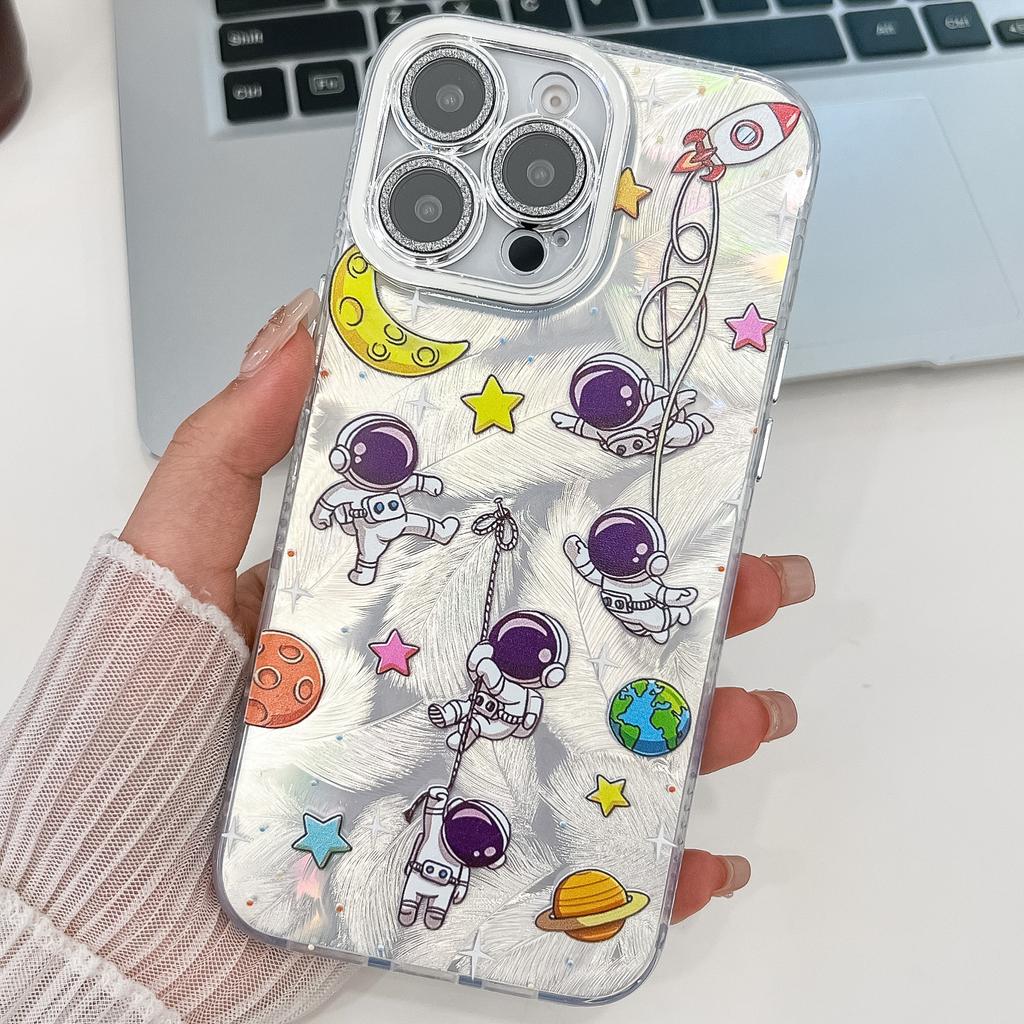 For iPhone 15 Pro Max Case IMD Cartoon PC+TPU Protective Mobile Cover with Glass Lens Film