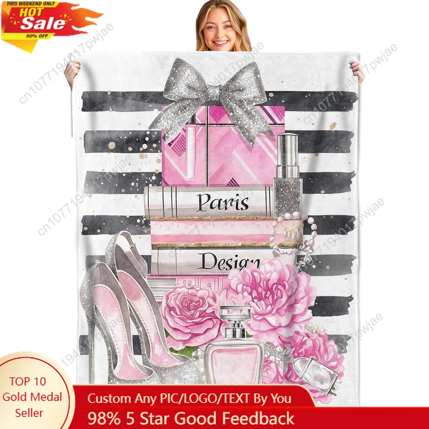 Paris Glam Throw Blanket Soft Lightweight Flannel Chic Fashion Print with Heel Perfume Book Flower Black Pink Custom blankets 75X95CM