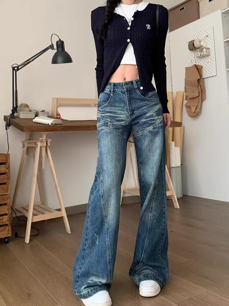 

Женские джинсы американского ретро с низкой посадкой, микроклеш - Свободные, прямого кроя, широкие, брюки в пол для весны/лета 3XL синий